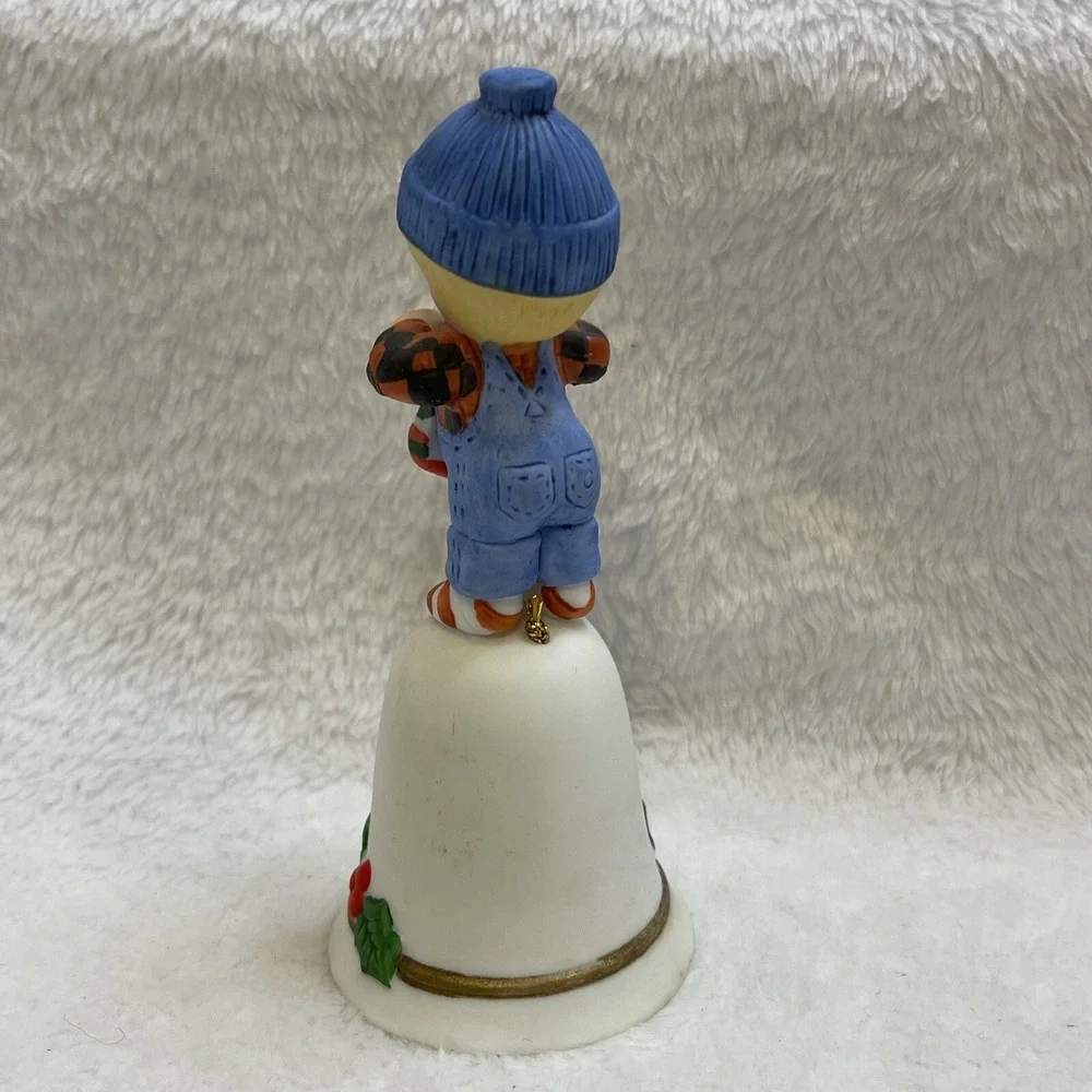 Vintage 1985 Enesco‎ Christmas Bell Figurine Boy Holding Stocking Ornament